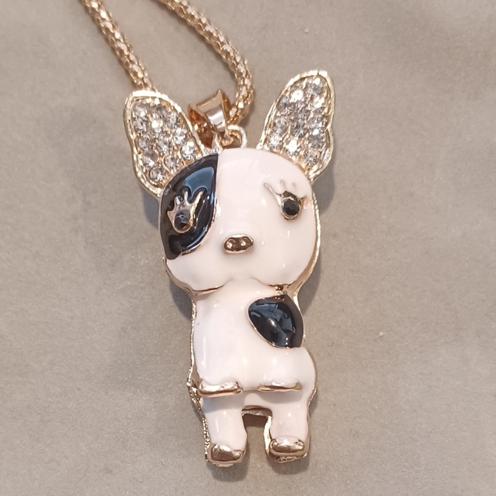 NWOT White Black Ceramic Golden Rhinestone Dog Boston Terrier Fashion Necklace